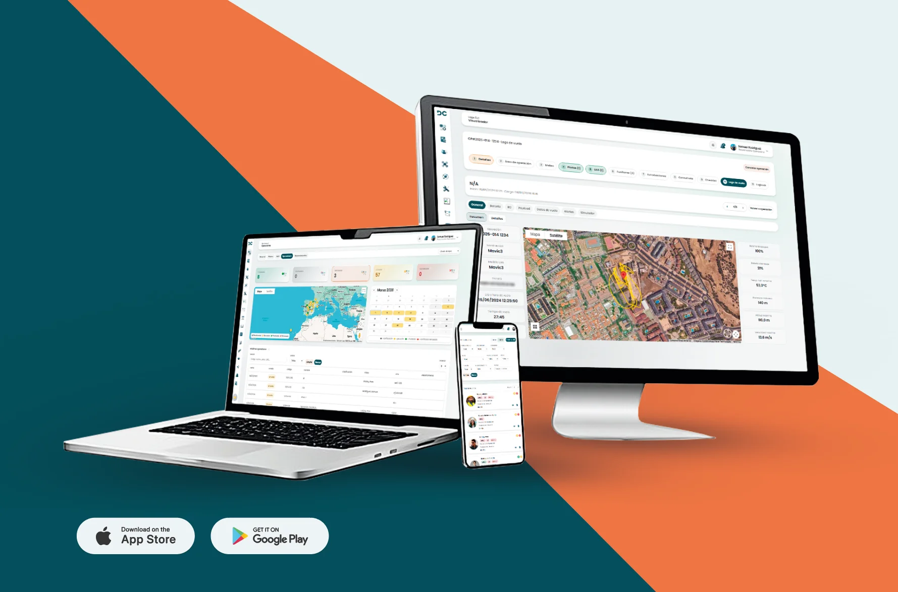 Panel de gestión de operadora de drones con mapa de operaciones, KPIs y registros
