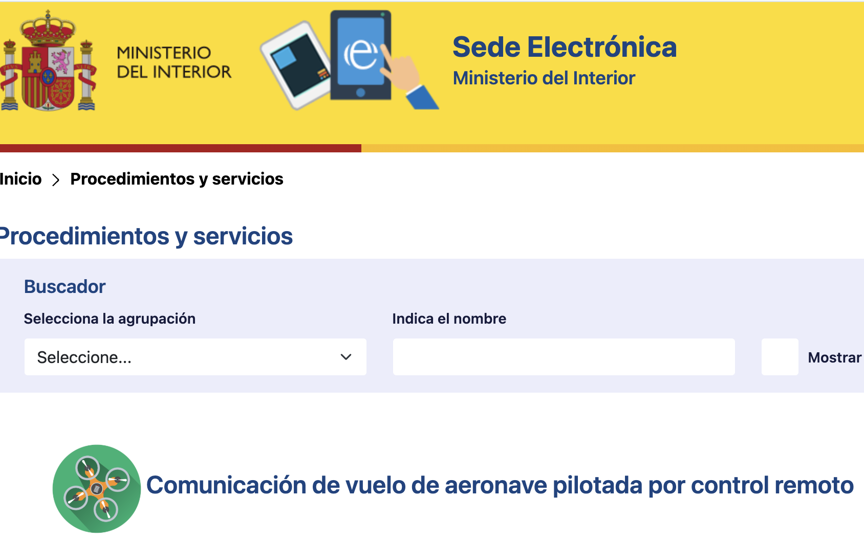 Sede Electrónica del Ministerio del Interior: trámite de comunicación de vuelo de aeronave pilotada por control remoto (drones)