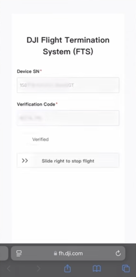 Interfaz de activación manual del FTS de DJI con control deslizante en pantalla