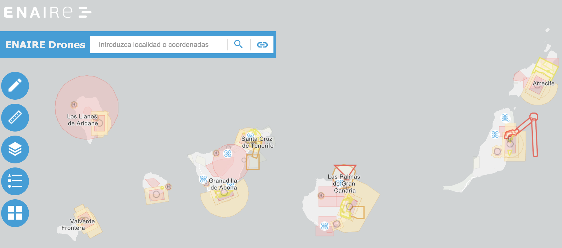 Mapa de drones.enaire.es mostrando zonas restringidas en Canarias (Tenerife, Gran Canaria, La Palma, Lanzarote, Fuerteventura)